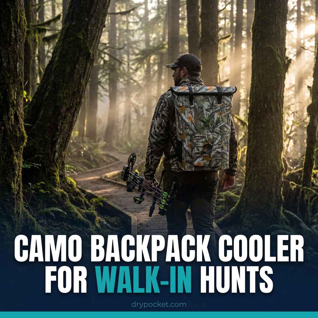 A forest camo backpack cooler on a hunter's back walking a timber trail at dawn, both hands free for a bow