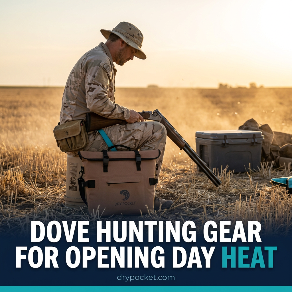 Hunter in a sunflower field at first light on the dove opener, wearing light camo with a shell bag and a cooler nearby
