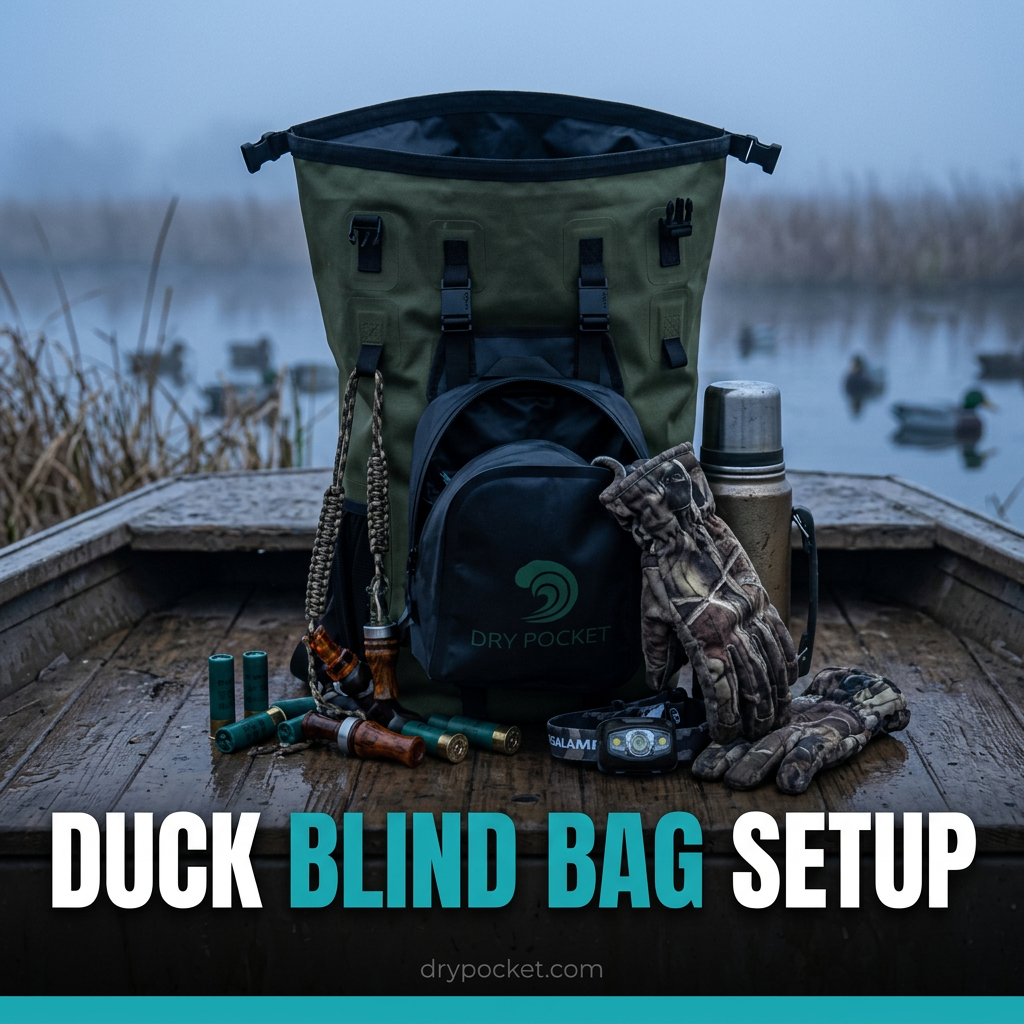 Waterfowl hunter's blind bag open on a boat deck at dawn with shells, calls, gloves and a thermos arranged beside it
