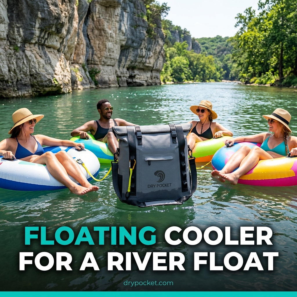 Group floating a river with a sealed floating cooler tethered between tubes on a sunny afternoon