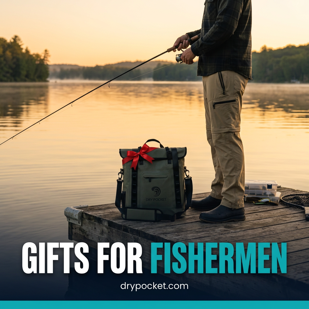An angler on a dock at golden hour wearing fishing pants with a waterproof pocket, a floating tote cooler and rod beside him