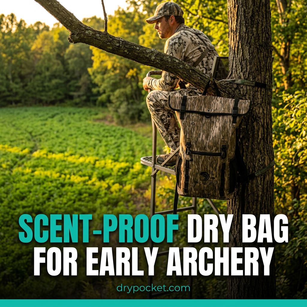 A camo backpack dry bag hanging from a treestand on a warm September evening, sealed shut while a hunter watches a field edge