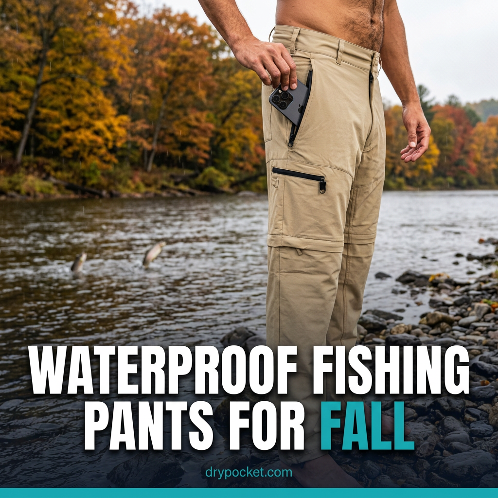 An angler in waterproof fishing pants on a rocky bank in light fall rain, phone sealed in a front pocket