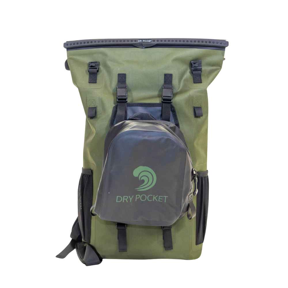 Dry Pocket waterproof, scent proof, and floating backpack dry bag with a removable waterproof shell bag. 