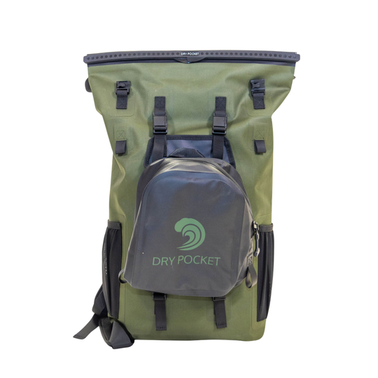 Dry Pocket waterproof, scent proof, and floating backpack dry bag with a removable waterproof shell bag. 