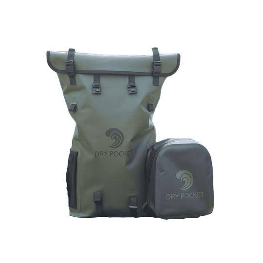 Dry Pocket waterproof, scent proof, and floating backpack dry bag with a removable waterproof shell bag. 