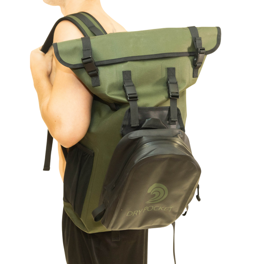 Dry Pocket waterproof, scent proof, and floating backpack dry bag with a removable waterproof shell bag. 