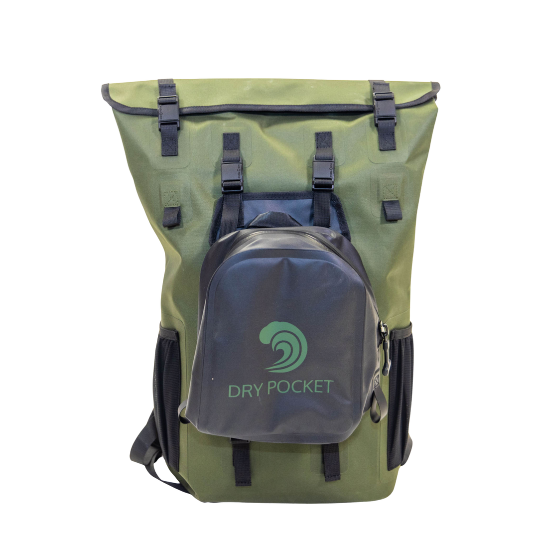 Dry Pocket waterproof, scent proof, and floating backpack dry bag with a removable waterproof shell bag. 