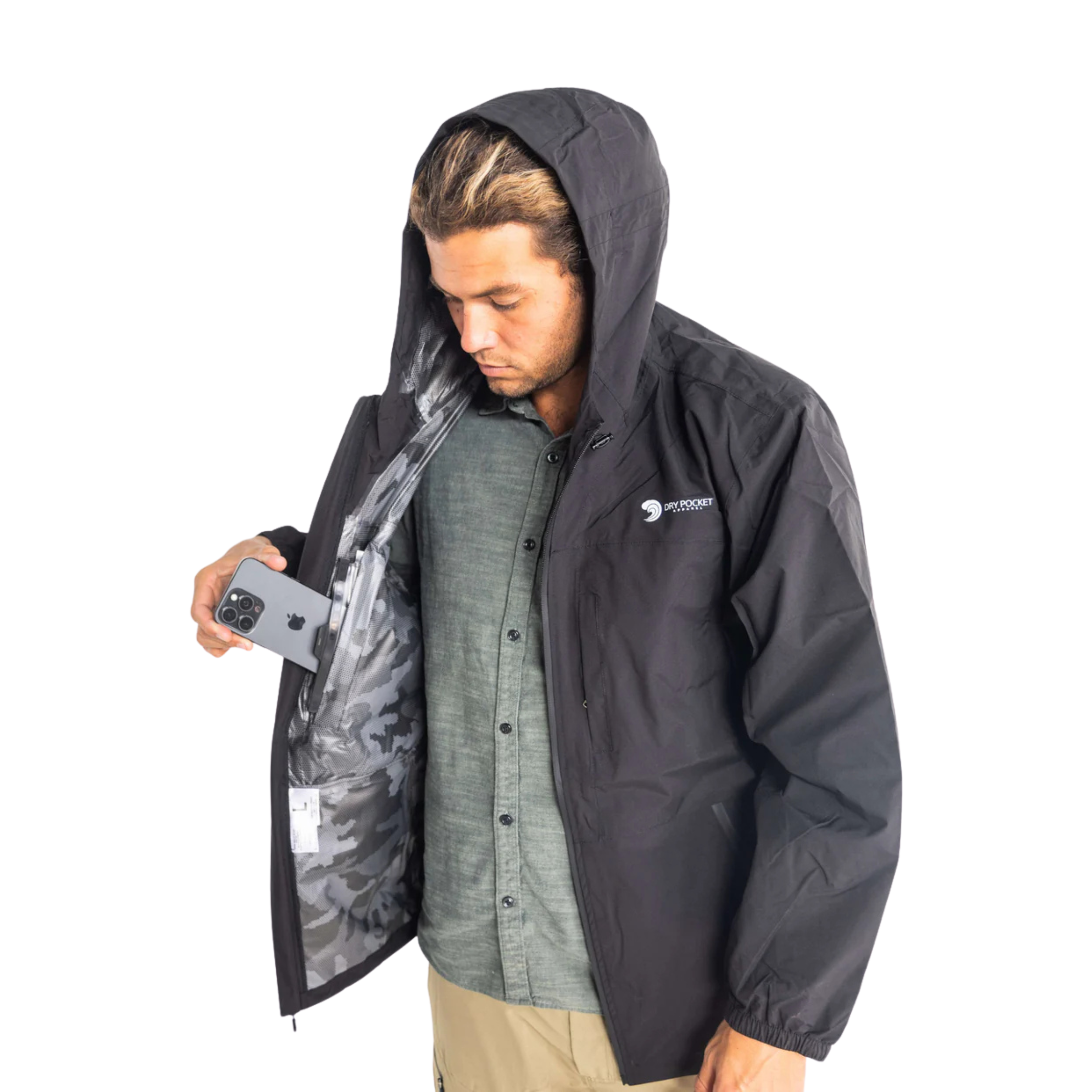 Dry Pocket black waterproof light weight rain jacket with waterproof pockets 