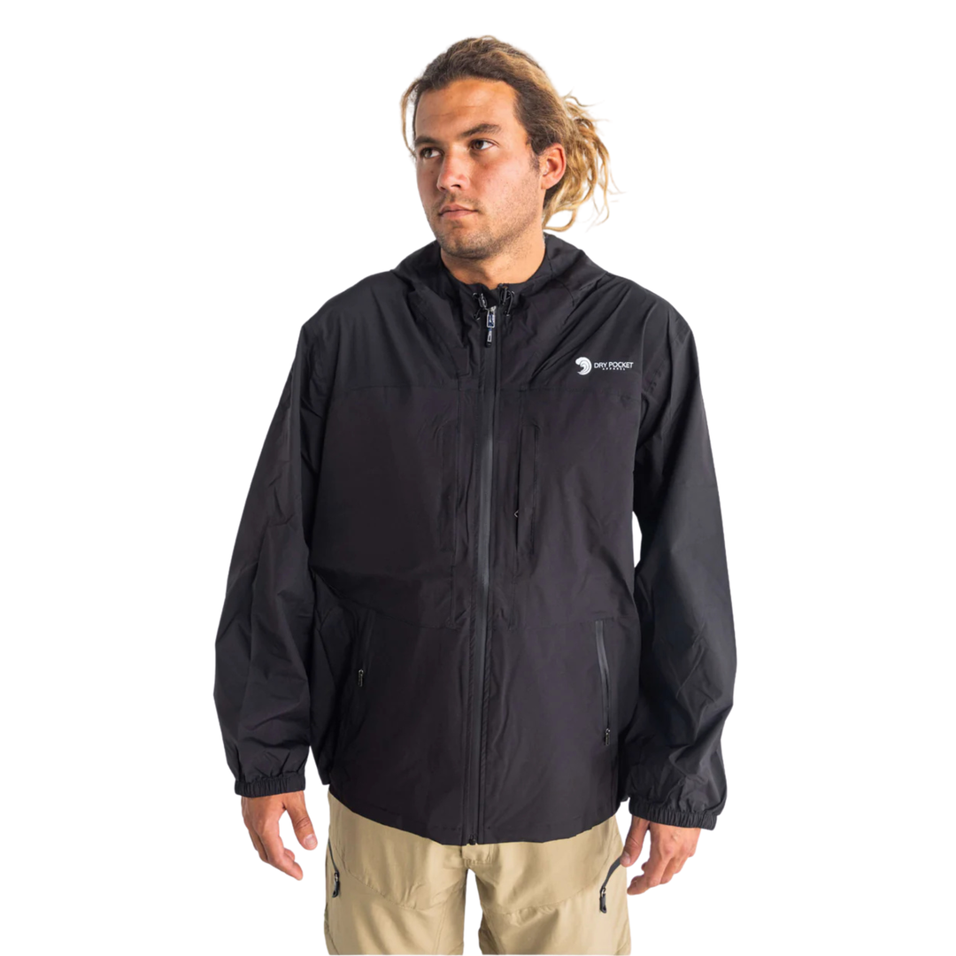 Dry Pocket black waterproof light weight rain jacket with waterproof pockets 