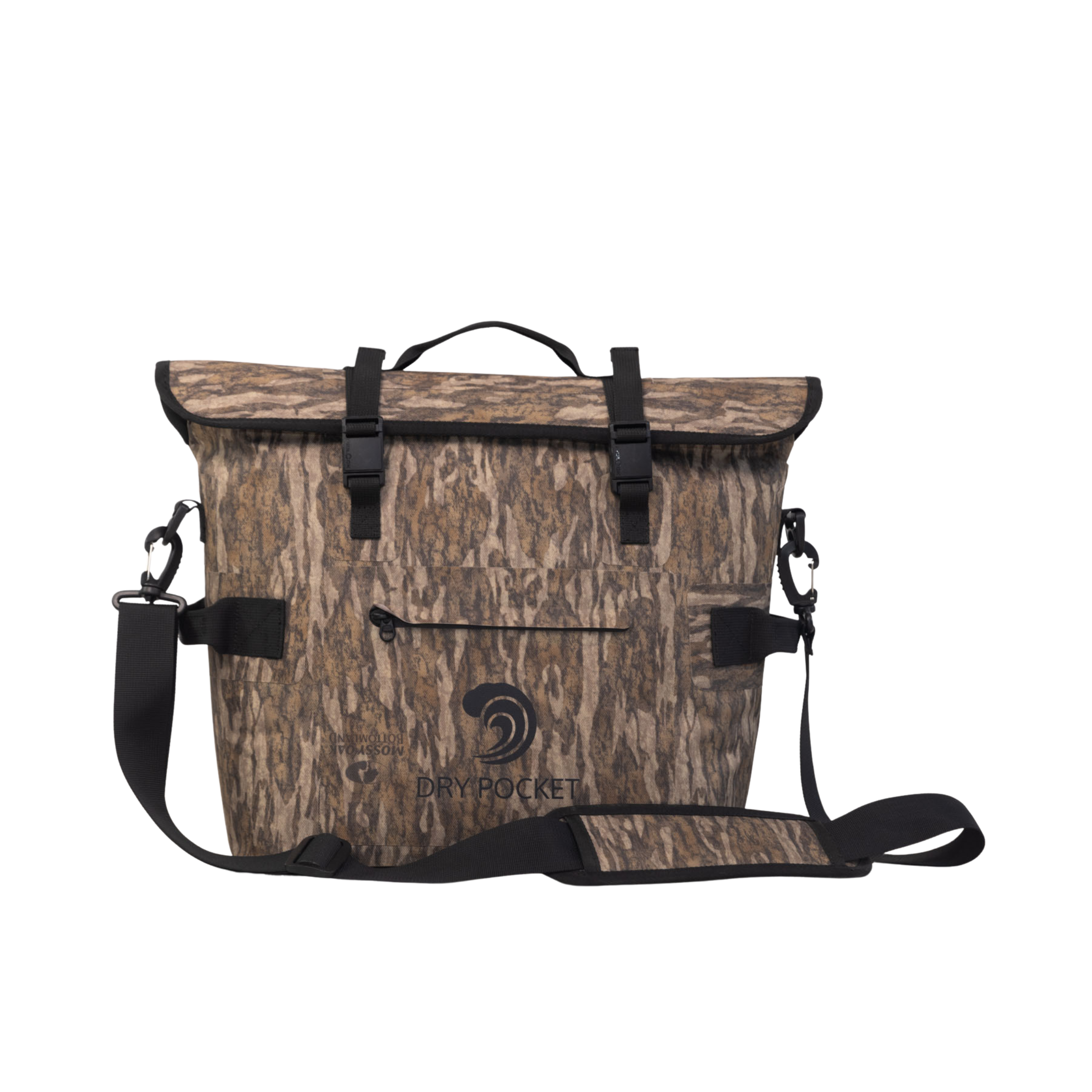 Dry Pocket's Mossy Oak Bottomland camo waterproof, scent proof, floating, and magnetic double lock, auto-sealing 10 can tote cooler or dry bag. 