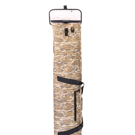 Camouflage fishing rod bag with black straps on a white background