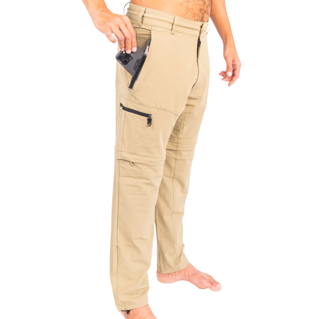Dry Pocket khaki waterproof fishing pants with a waterproof pocket