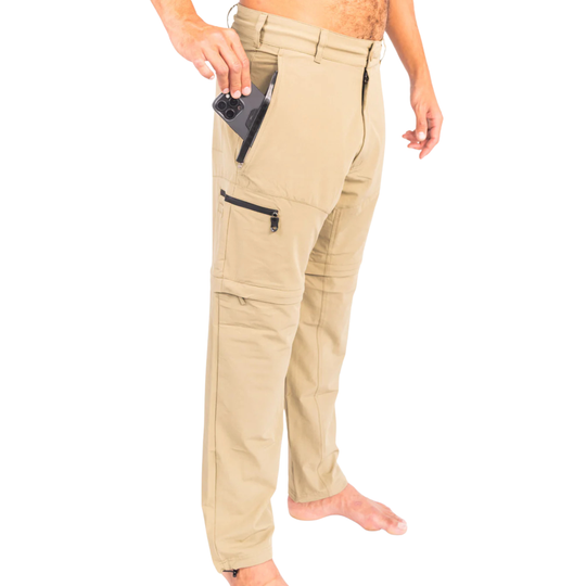 Dry Pocket khaki waterproof fishing pants with a waterproof pocket