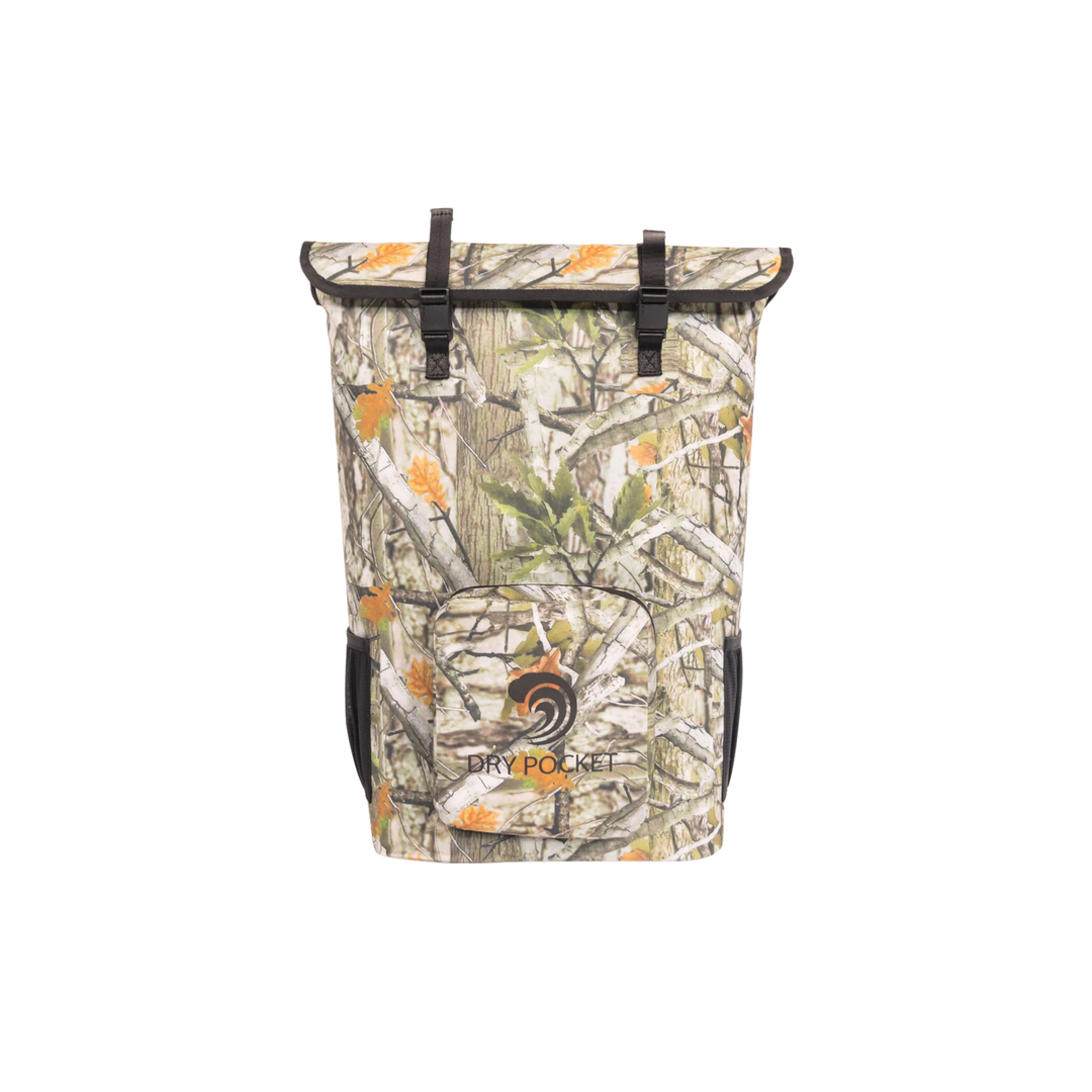 Dry Pocket forest camo magnetic auto-sealing, waterproof, scent proof, and floating 18 can backpack cooler that can also act as a waterproof dry bag. 