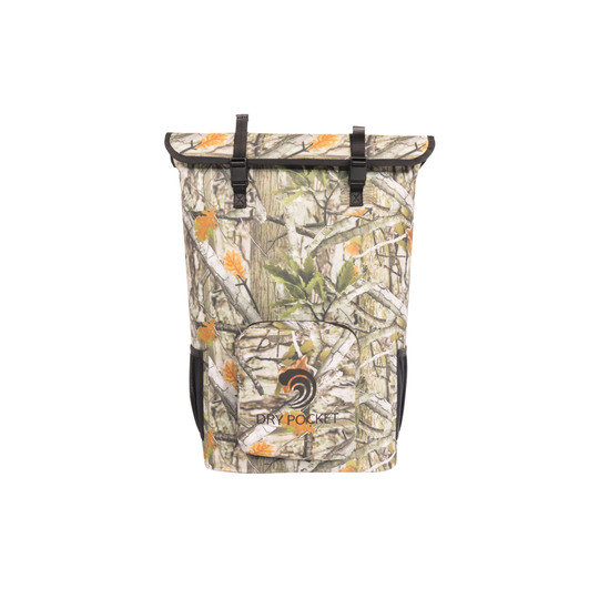 Dry Pocket forest camo magnetic auto-sealing, waterproof, scent proof, and floating 18 can backpack cooler that can also act as a waterproof dry bag. 