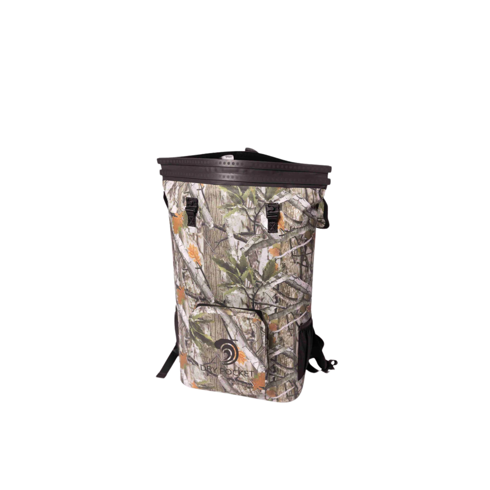 Dry Pocket forest camo magnetic auto-sealing, waterproof, scent proof, and floating 18 can backpack cooler that can also act as a waterproof dry bag. 