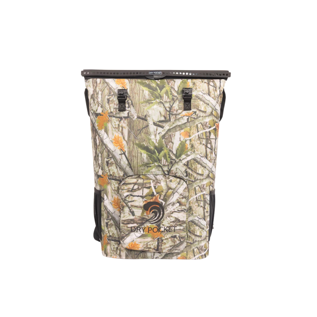 Dry Pocket forest camo magnetic auto-sealing, waterproof, scent proof, and floating 18 can backpack cooler that can also act as a waterproof dry bag. 