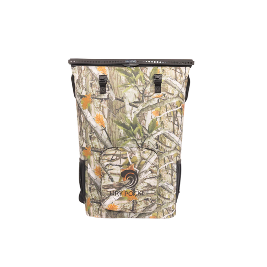 Dry Pocket forest camo magnetic auto-sealing, waterproof, scent proof, and floating 18 can backpack cooler that can also act as a waterproof dry bag. 
