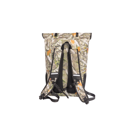 Dry Pocket forest camo magnetic auto-sealing, waterproof, scent proof, and floating 18 can backpack cooler that can also act as a waterproof dry bag. 