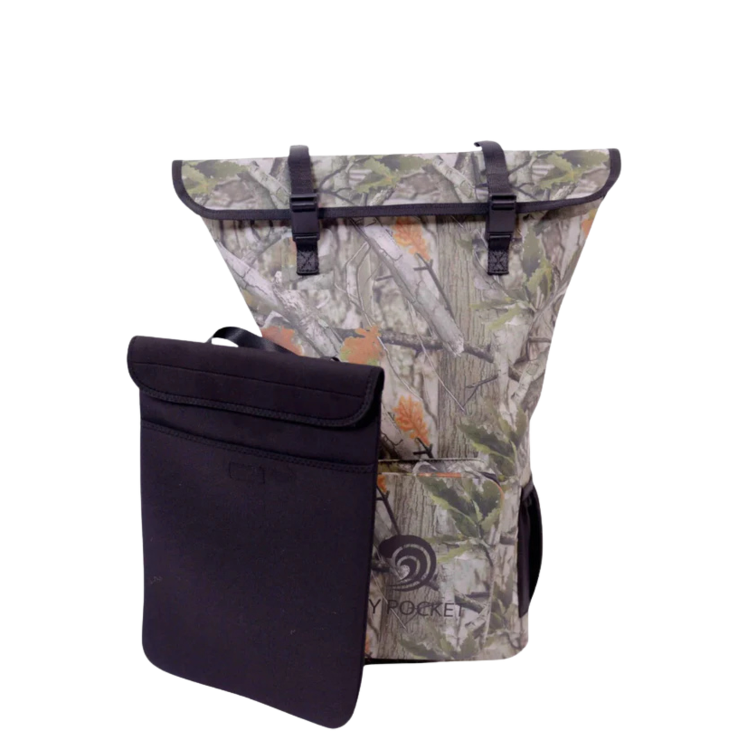 Dry Pocket waterproof, scent proof, and floating forest camo backpack dry bag