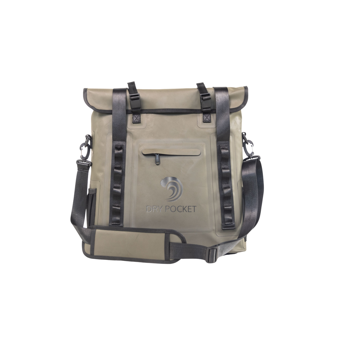Dry Pocket hunter green magnetic auto-sealing, waterproof, scent proof, and floating 18 can tote cooler that can also act as a dry bag. 