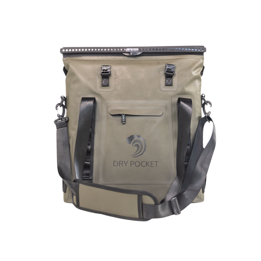 Dry Pocket hunter green magnetic auto-sealing, waterproof, scent proof, and floating 18 can tote cooler that can also act as a dry bag. 