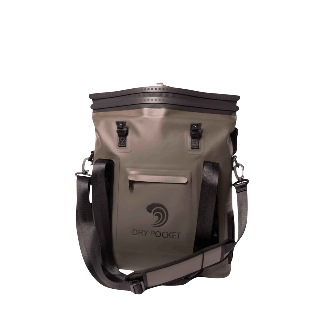 Dry Pocket hunter green magnetic auto-sealing, waterproof, scent proof, and floating 18 can tote cooler that can also act as a dry bag. 