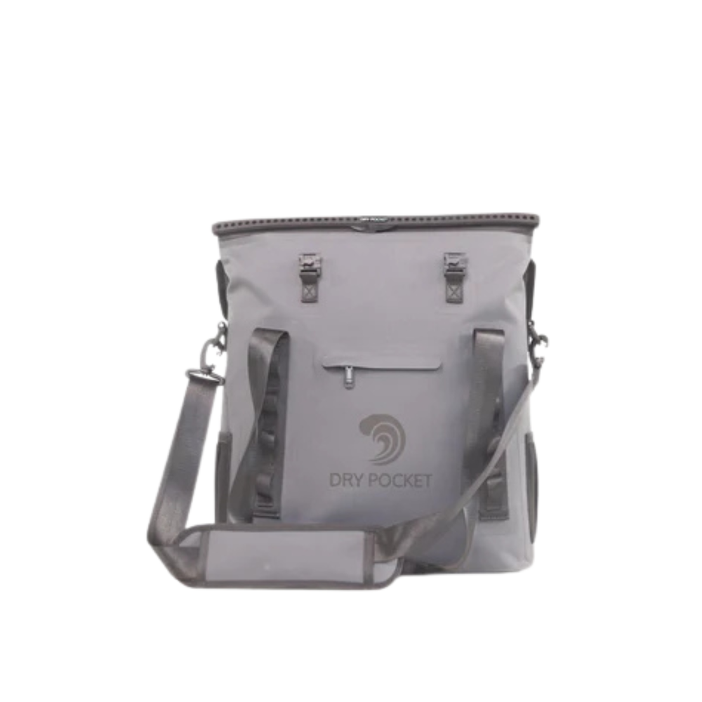 Dry Pocket grey magnetic auto-sealing, waterproof, scent proof, and floating 16 can tote cooler that can also act as a dry bag. 