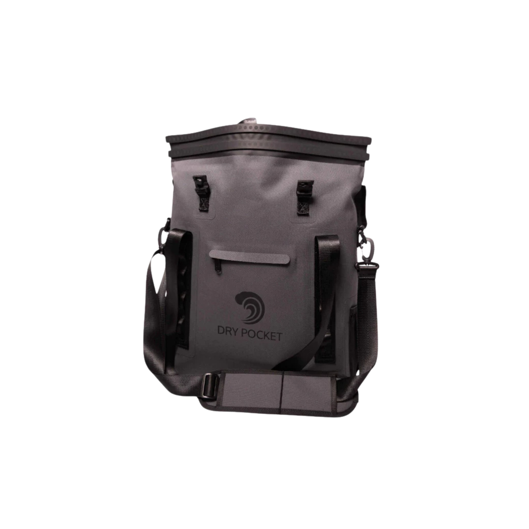 Dry Pocket grey magnetic auto-sealing, waterproof, scent proof, and floating 16 can tote cooler that can also act as a dry bag. 