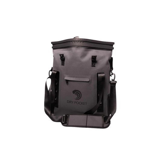 Dry Pocket grey magnetic auto-sealing, waterproof, scent proof, and floating 16 can tote cooler that can also act as a dry bag. 