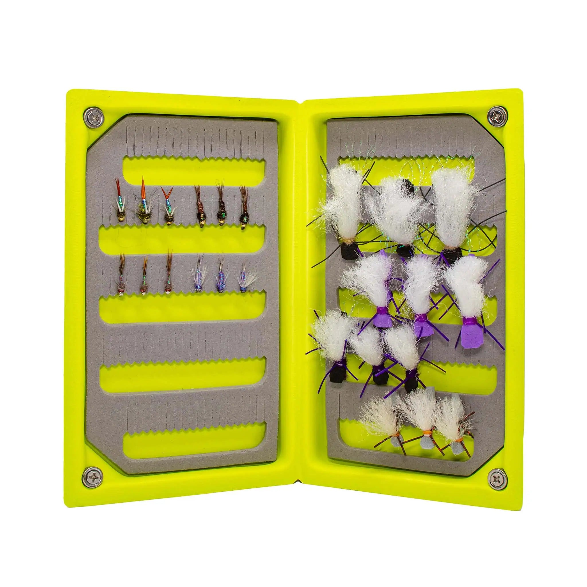 JHFLYCO Loaded Foam Fly Box – Hopper Dropper Assortment – Includes 50m 4X Fluoroflex Tippet