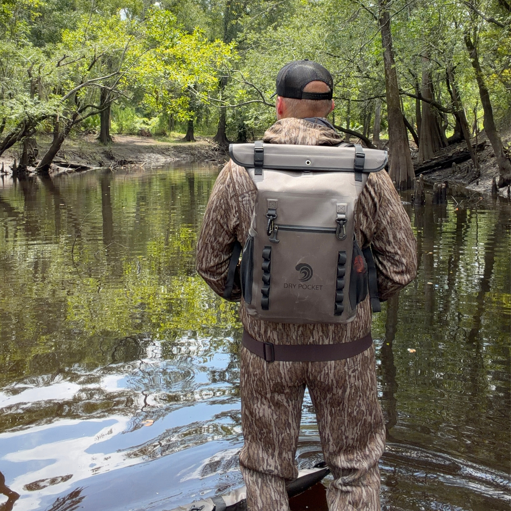 Dry Pocket auto-sealing, waterproof, scent proof, and floating olive night backpack dry bag for hunting and fishing 