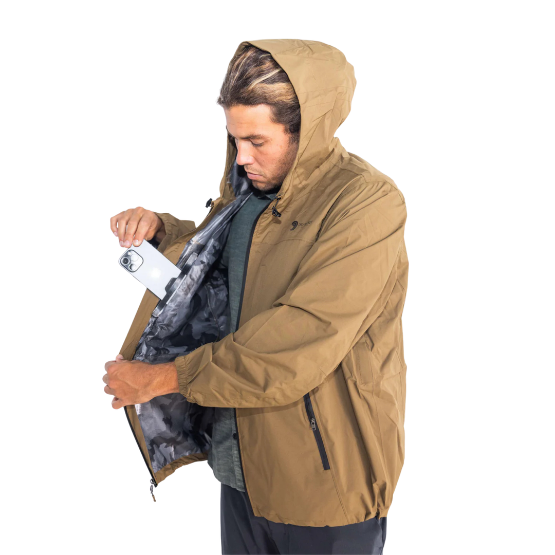 Dry Pocket brown waterproof light weight rain jacket with waterproof pockets 