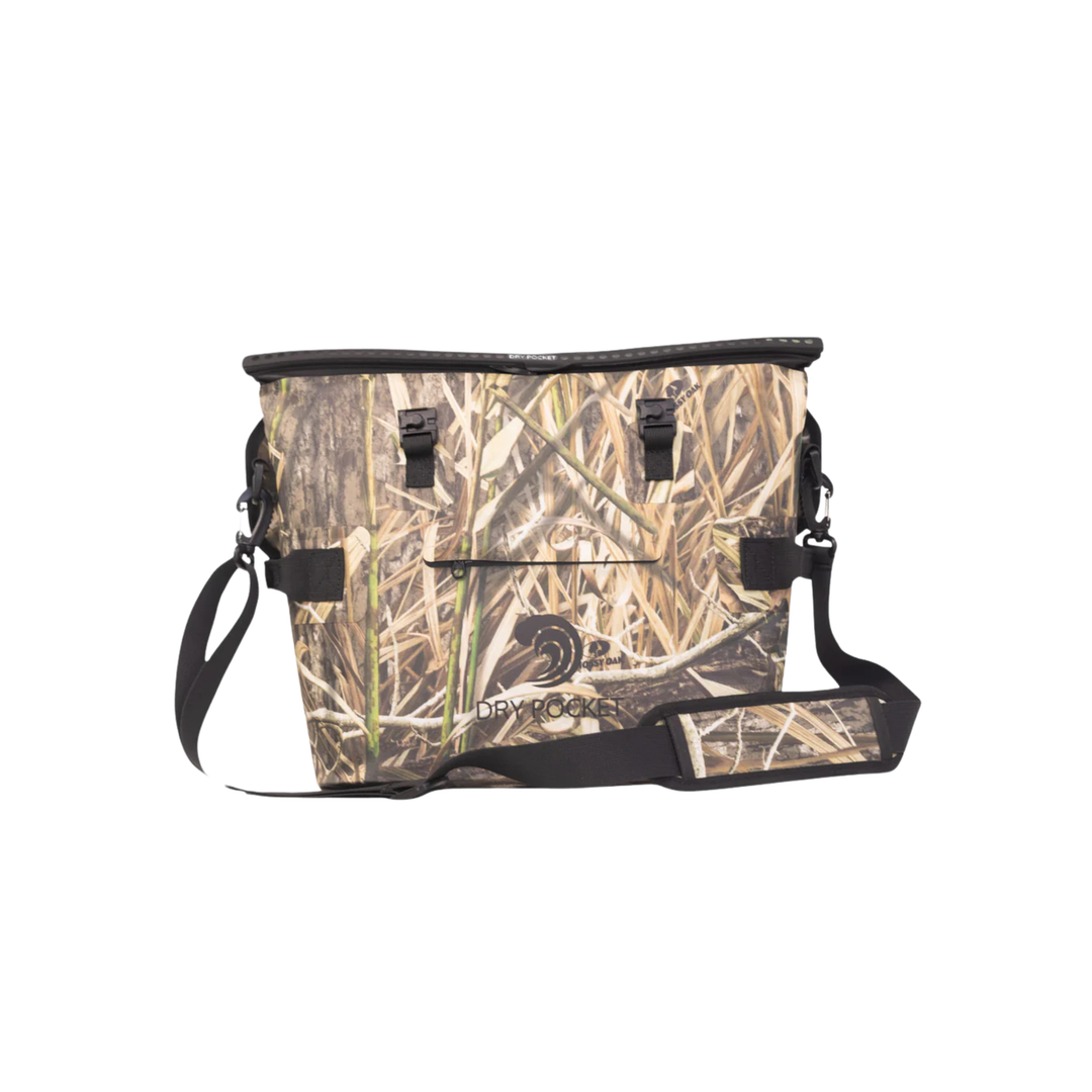 Dry Pocket's Mossy Oak Camouflage-patterned universal waterproof, scent proof, and floating magnetic double lock auto-sealing 10 can tote cooler and dry bag with a shoulder strap on a white background