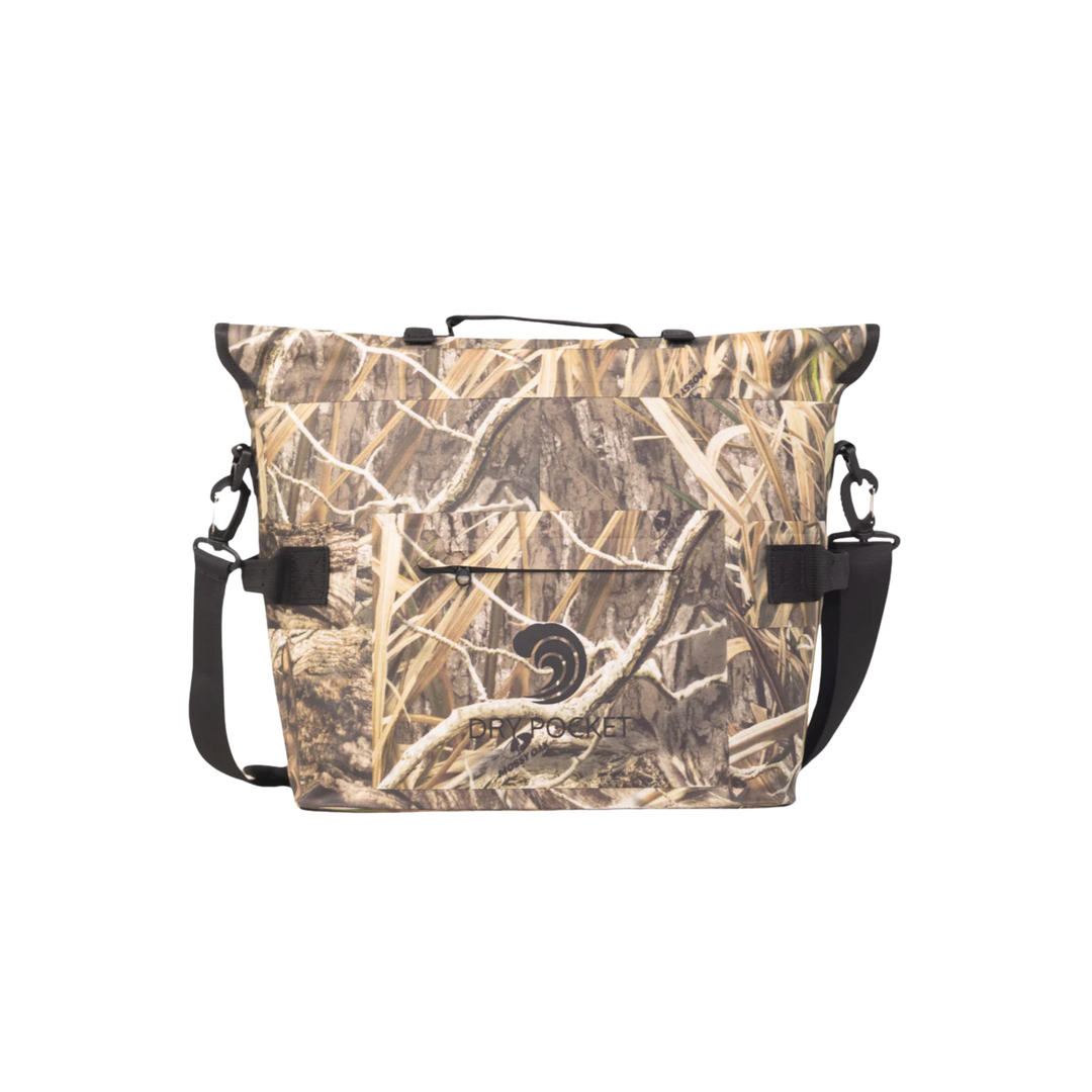 Dry Pocket's Mossy Oak Camouflage-patterned universal waterproof, scent proof, and floating magnetic double lock auto-sealing 10 can tote cooler and dry bag with a shoulder strap on a white background