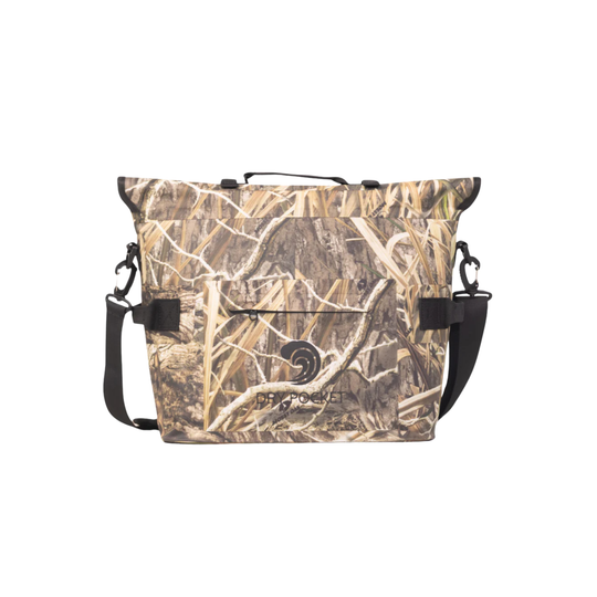 Dry Pocket's Mossy Oak Camouflage-patterned universal waterproof, scent proof, and floating magnetic double lock auto-sealing 10 can tote cooler and dry bag with a shoulder strap on a white background