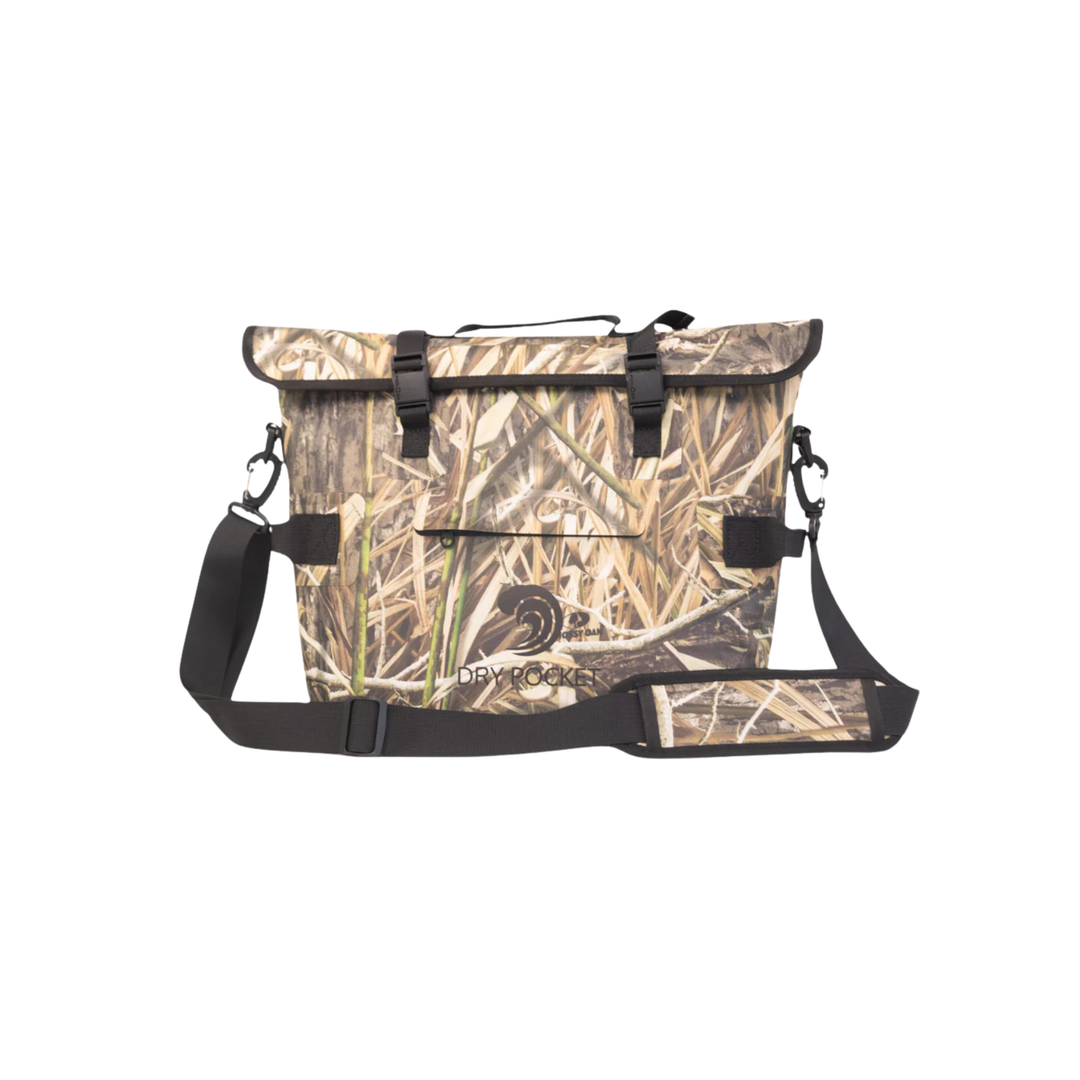 Dry Pocket's Mossy Oak Camouflage-patterned universal waterproof, scent proof, and floating magnetic double lock auto-sealing 10 can tote cooler and dry bag with a shoulder strap on a white background