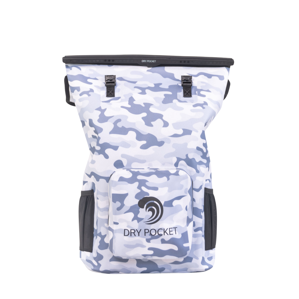 Dry Pocket waterproof, scent proof, and floating snow camo backpack dry bag