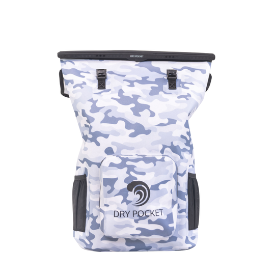 Dry Pocket waterproof, scent proof, and floating snow camo backpack dry bag