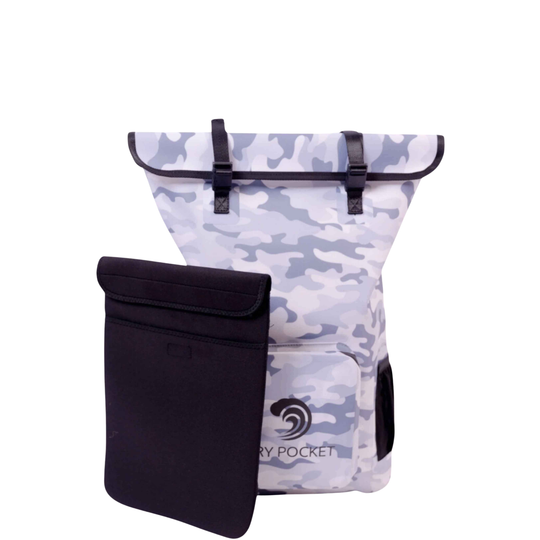 Dry Pocket waterproof, scent proof, and floating snow camo backpack dry bag