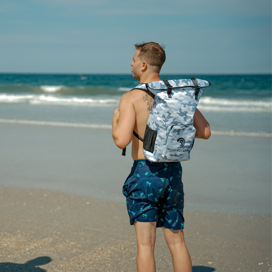 Dry Pocket waterproof, scent proof, and floating snow camo backpack dry bag