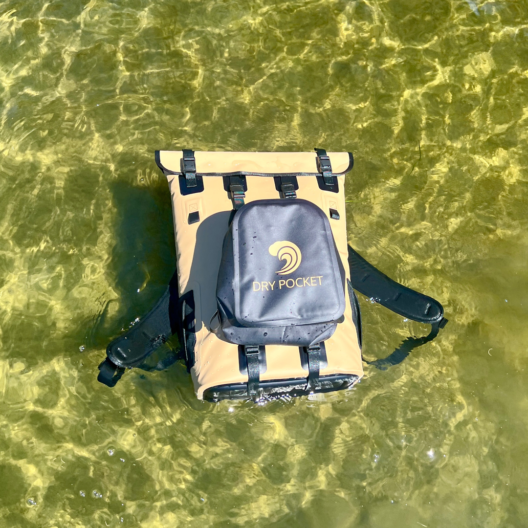 Dry Pocket magnetic auto-sealing, waterproof, scent proof, and floating backpack cooler that comes with a removable dry bag.