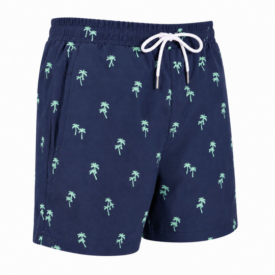 Dry Pocket waterproof swim trunks with palm trees.