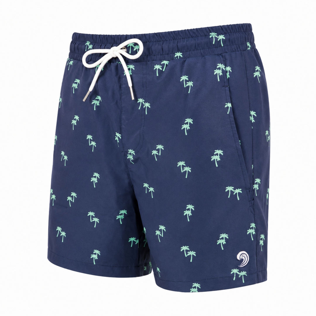 Dry Pocket waterproof swim trunks with palm trees.