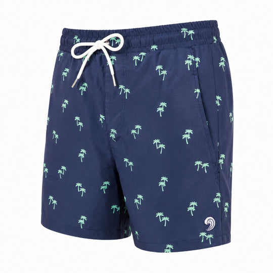 Dry Pocket waterproof swim trunks with palm trees.
