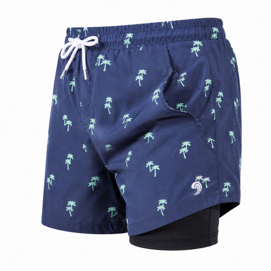 Dry Pocket waterproof swim trunks with palm trees.