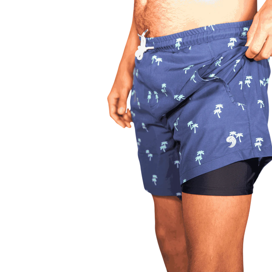Dry Pocket waterproof swim trunks with palm trees. 