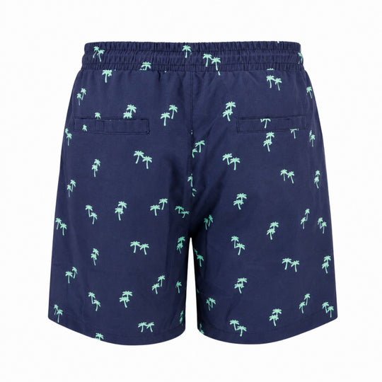 Dry Pocket waterproof swim trunks with palm trees.