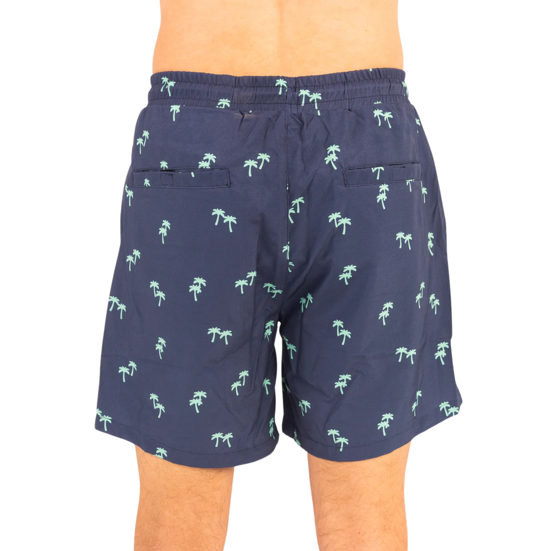 Dry Pocket waterproof swim trunks with palm trees. 